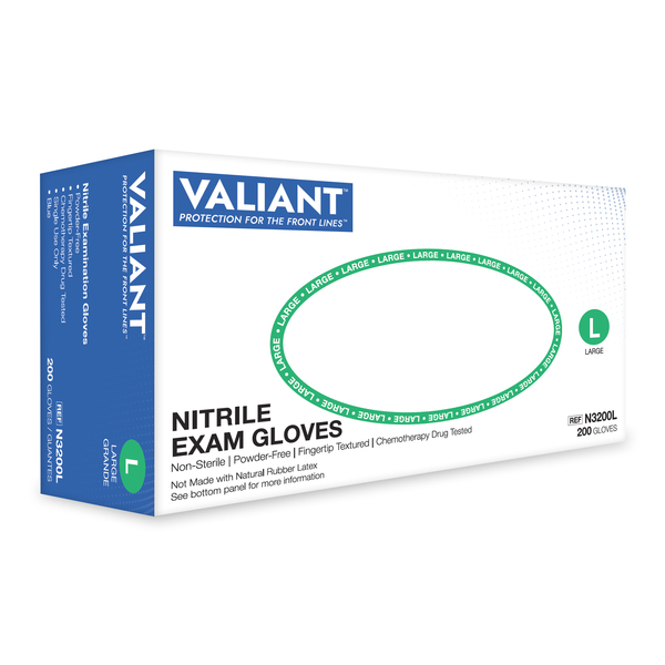 Valiant Nitrile Exam Glove, Blue, 2.5mil, L, PK2000 N3200L-CS